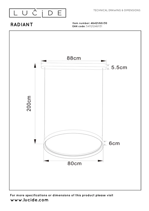 Lucide RADIANT - Pendant light - LED Dim. - CCT - 1x60W 2200K/3000K - Black - Vibes - technical